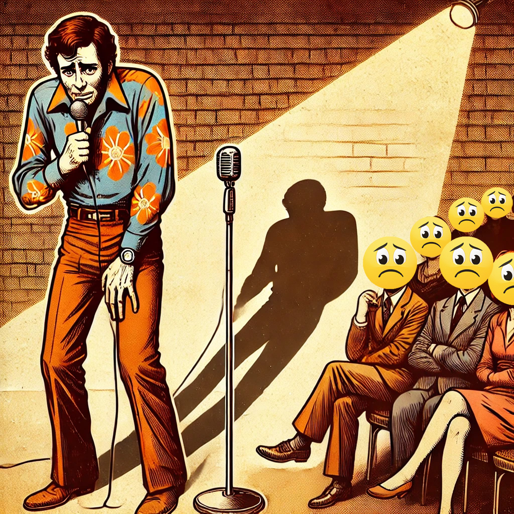 DALL·E 2025-02-10 00.18.52 - A retro-style illustration of a stand-up comedian bombing on stage. The comedian looks nervous and uncomfortable, holding a microphone with an awkward